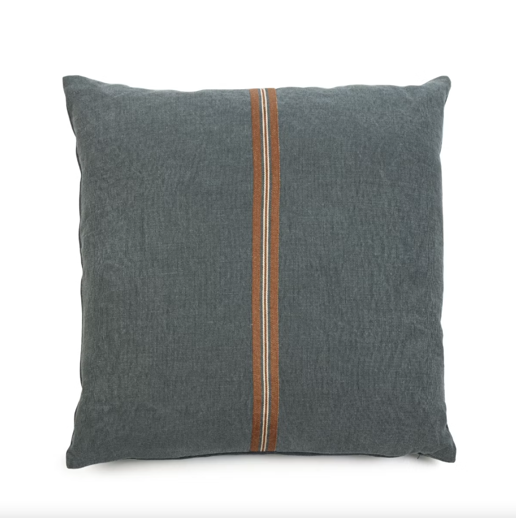 The Atlas Pillow by Libeco Home features a square gray design with a vertical brown stripe and two thin white lines. Its soft, slightly wrinkled texture and plush insert create an elegant contrast against the plain white background of the sofa.