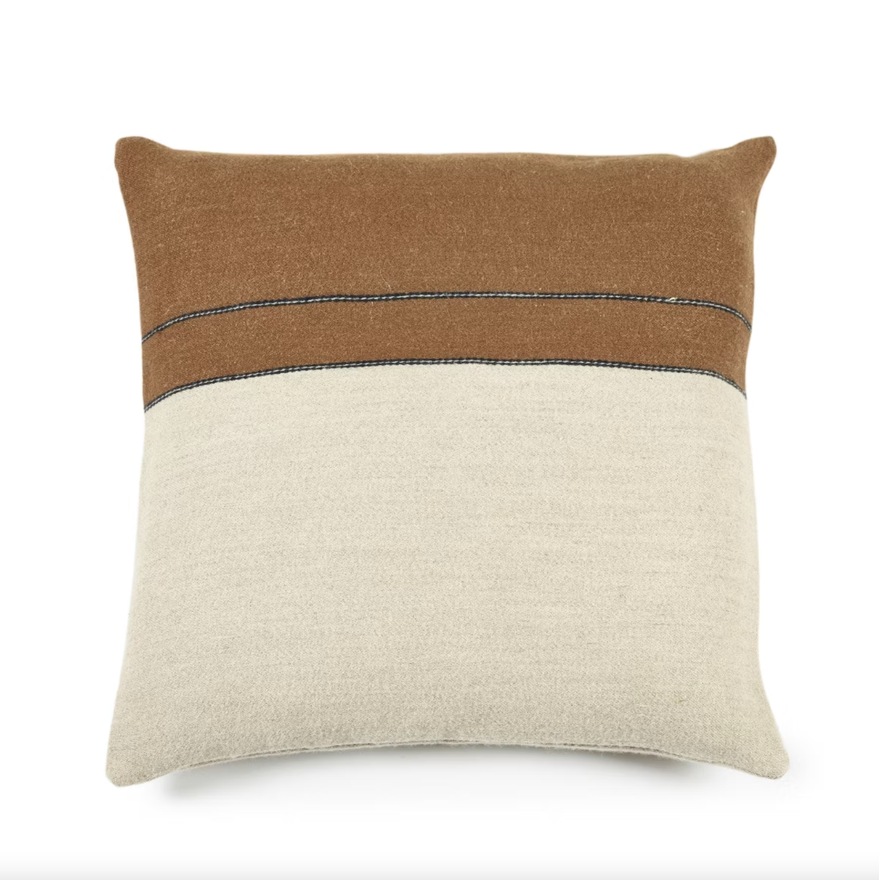 The Gus Pillow by Libeco Home is a square throw pillow that combines comfort and style with its two-tone design: a brown top, beige bottom, and thin dark horizontal separator that enhances its textured appearance for a luxurious touch.