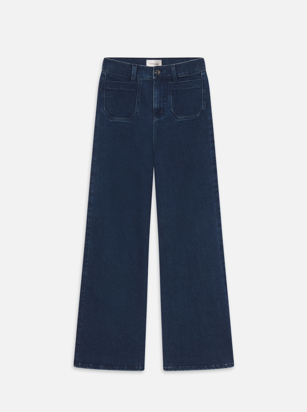 The FRAME Le Slim Palazzo Modernist jeans in dark blue feature a high rise, wide-leg design, and large front pockets. Crafted from super stretch denim for ultimate comfort, they are displayed flat on a white background.