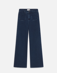 The FRAME Le Slim Palazzo Modernist jeans in dark blue feature a high rise, wide-leg design, and large front pockets. Crafted from super stretch denim for ultimate comfort, they are displayed flat on a white background.