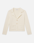 The FRAME crochet blazer is cream-colored with long sleeves, a subtle striped pattern, notched collar, two front patch pockets, and a two-button closure. Ideal for summer workwear.