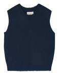 The Distressed Tank by Jumper 1 2 3 4/CR2 is a navy blue, sleeveless sweater vest with a round neckline, made from soft and fuzzy cashmere. It features a label at the back of the collar and maintains a simple, classic design.