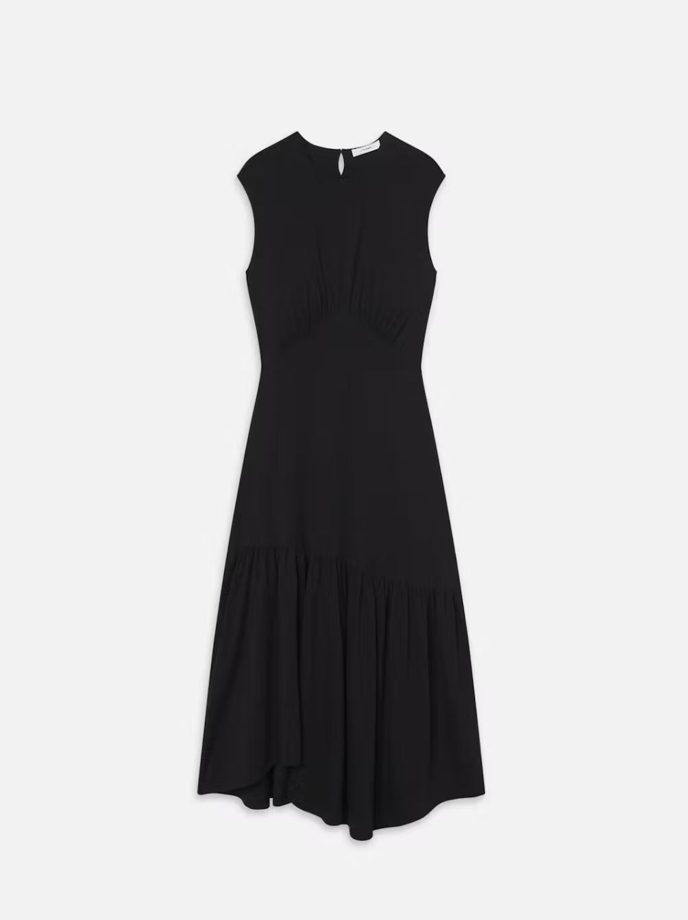 The Gathered Tank Dress by FRAME is an elegant sleeveless black dress with a fitted bodice, empire waist, flared asymmetrical skirt, and chic keyhole neckline against a white background.