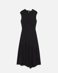 The Gathered Tank Dress by FRAME is an elegant sleeveless black dress with a fitted bodice, empire waist, flared asymmetrical skirt, and chic keyhole neckline against a white background.