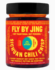 The Fly By Jing Sichuan Chili Crisp by Faire features a bright red and yellow label, showcasing its unique, flavorful sauce made with top-quality ingredients to add a spicy kick to various dishes.