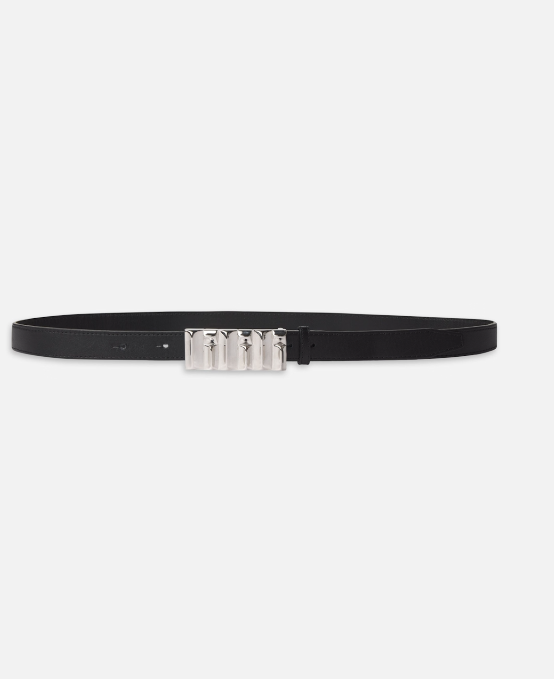 Introducing FRAME's Sculptural Belt: a black belt in 100% leather, featuring a distinct silver rectangular buckle with four vertical cylindrical accents. Displayed on a plain white background, this piece truly makes a statement.