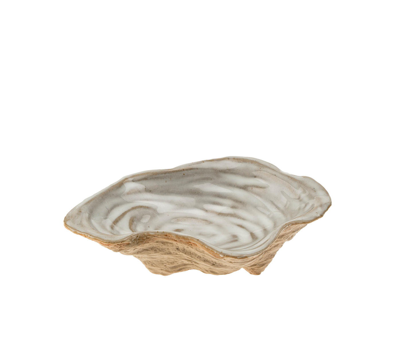 This Indaba Oyster Shell Catchall Dish features a clam shell shape, textured beige exterior, and smooth white interior, making it perfect for a coastal feel.