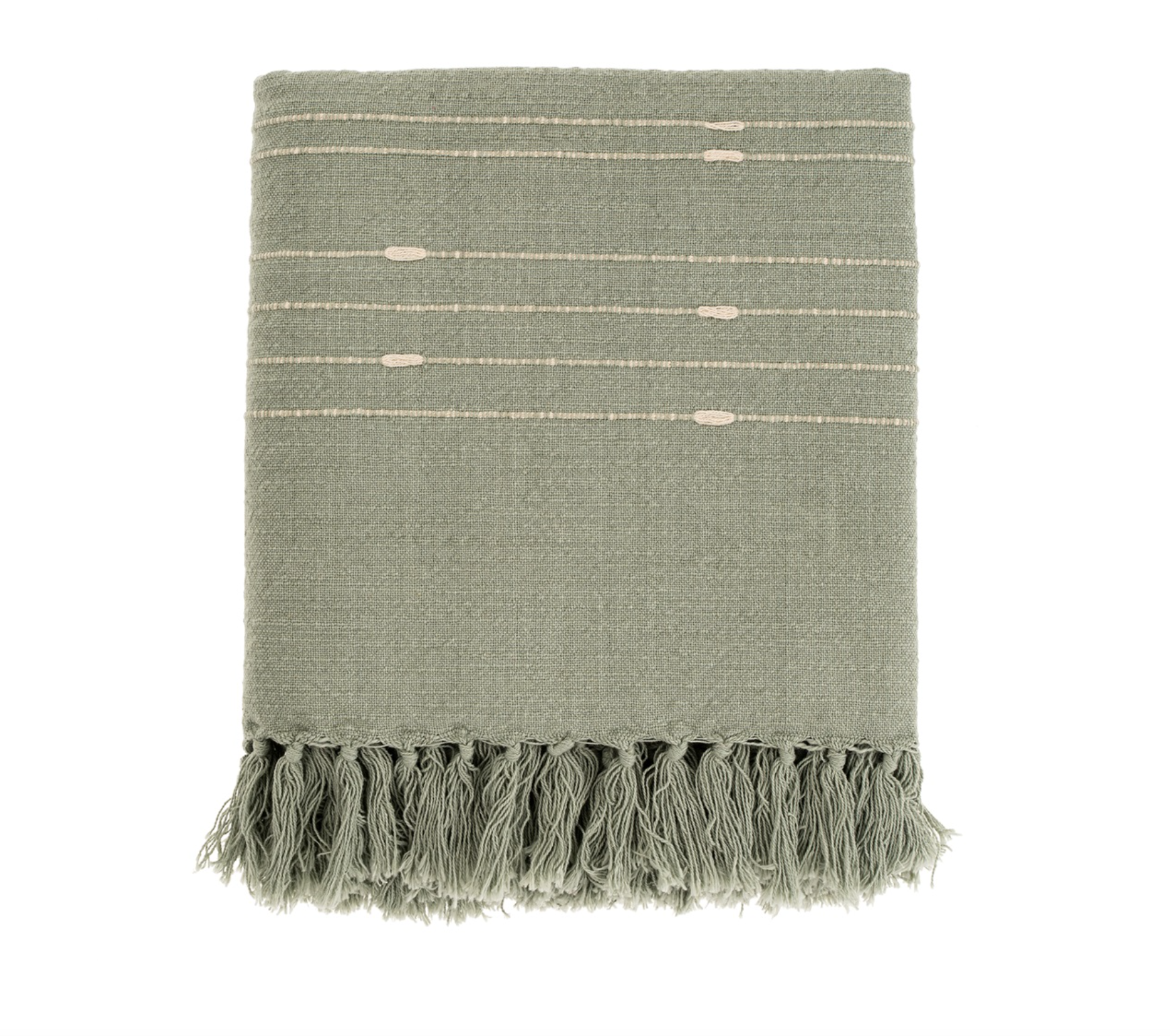 The Sola Woven Throw Sagebrush by Indaba is a summer-weight blanket featuring subtle horizontal stripes, small oval accents, and fringe edging for texture in a handwoven sagebrush green design.