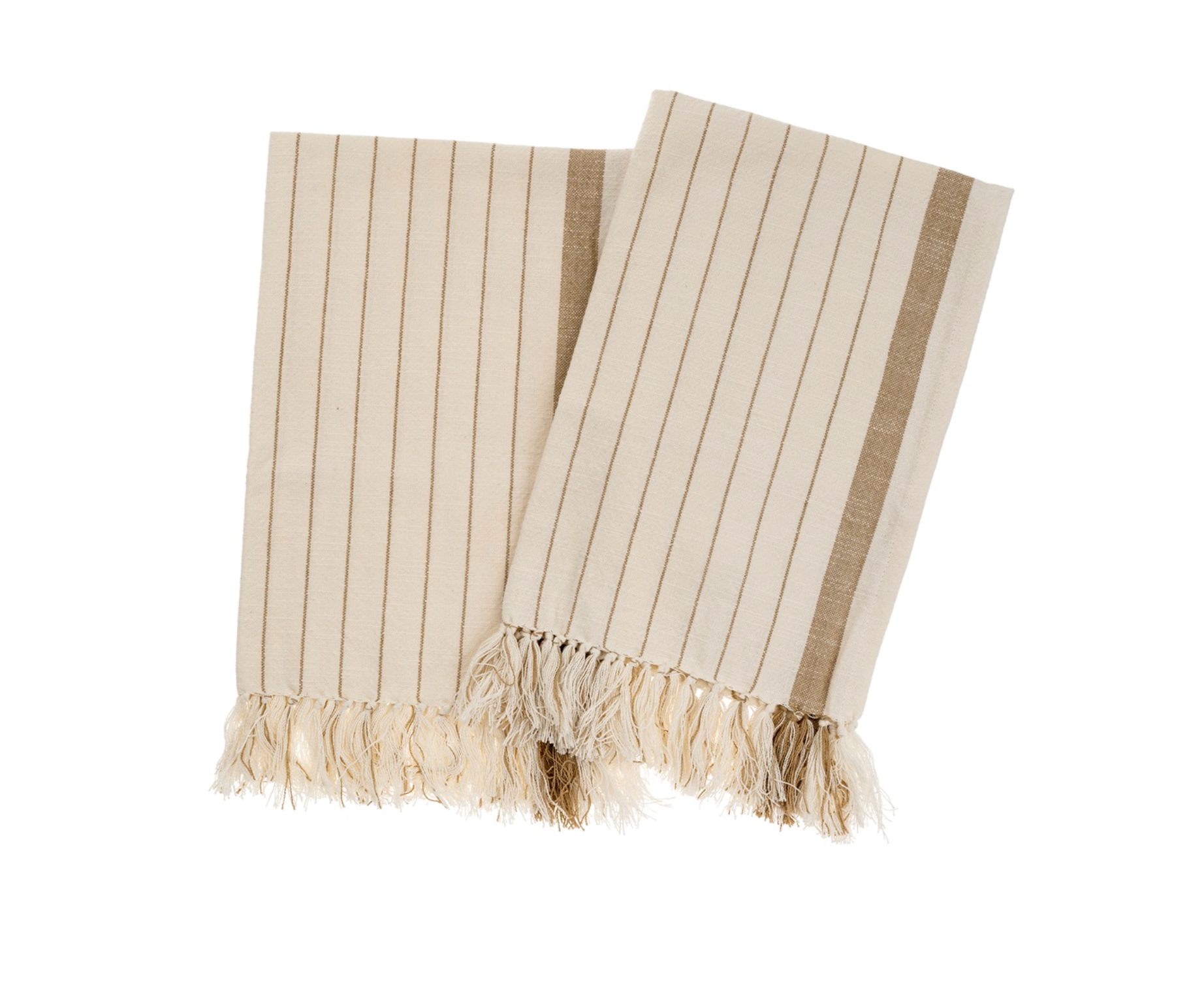 Two Indaba Pinstripe Hammam Hand Towels in warm sand, featuring vertical brown stripes and fringe edges, are artfully laid overlapping on a white background.