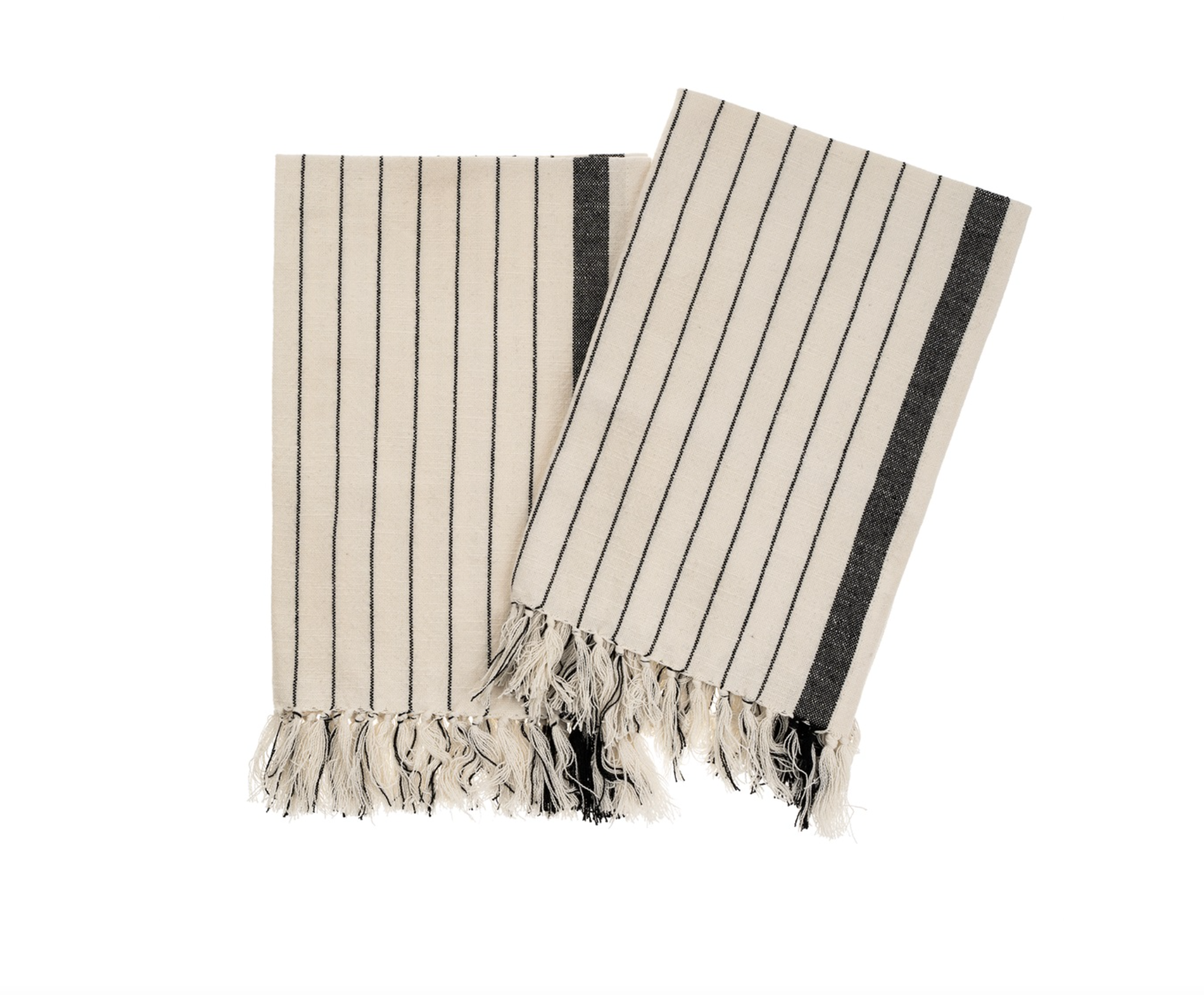 The Pinstripe Hammam Hand Towels set from Indaba includes two Turkish-inspired soft cotton towels, featuring black vertical stripes and fringed edges on a white background.