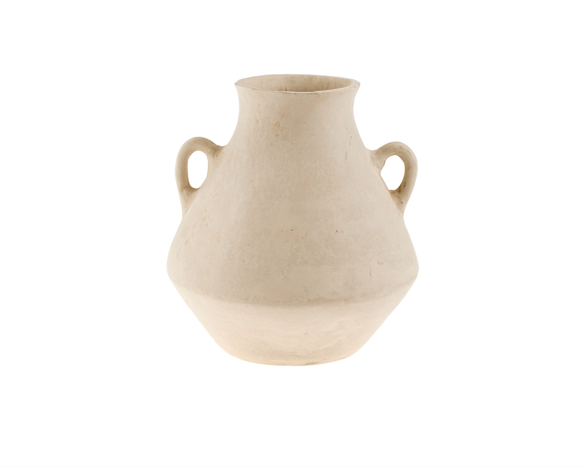 The Amphora Paper Mache Vase from Indaba is a beige, eco-friendly ceramic with two handles, a wide body, and a narrow neck, set against a plain white background.