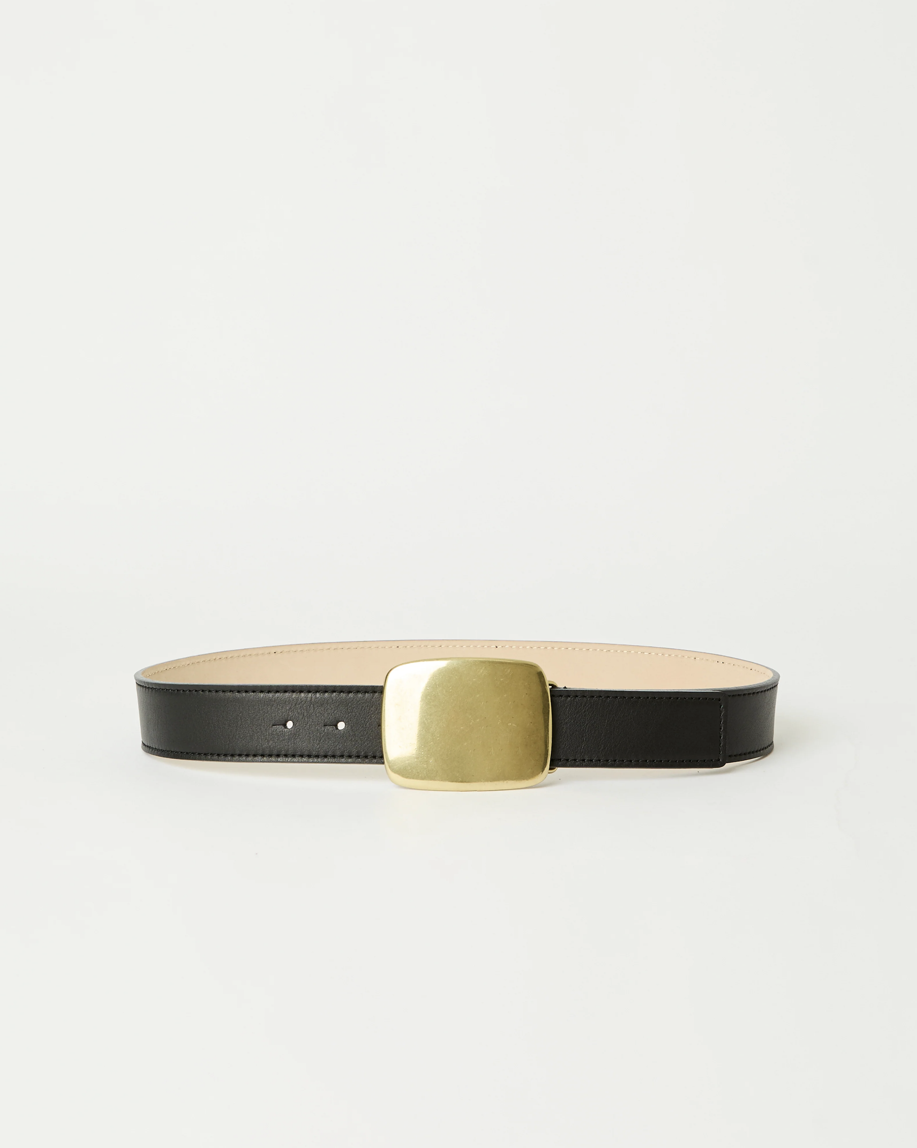 The Leighton Belt by B-Low The Belt is a Western-inspired accessory made from genuine calfskin leather with a bold square gold plaque buckle, shown flat on a plain white background.