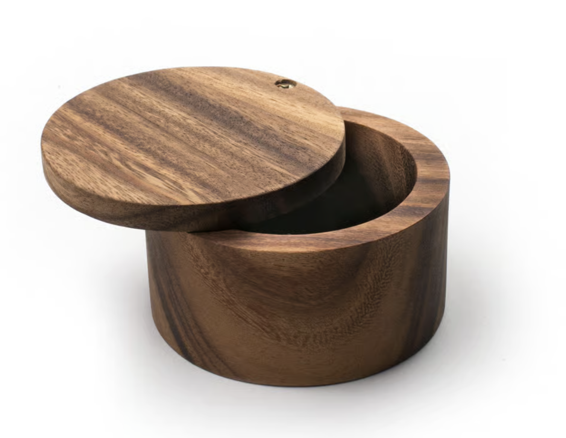 The Fox Run Brands Acacia Salt Cellar features a round acacia hardwood design with a swiveling lid, showing its empty interior. The natural wood grain adds rustic charm to this practical kitchen storage container.
