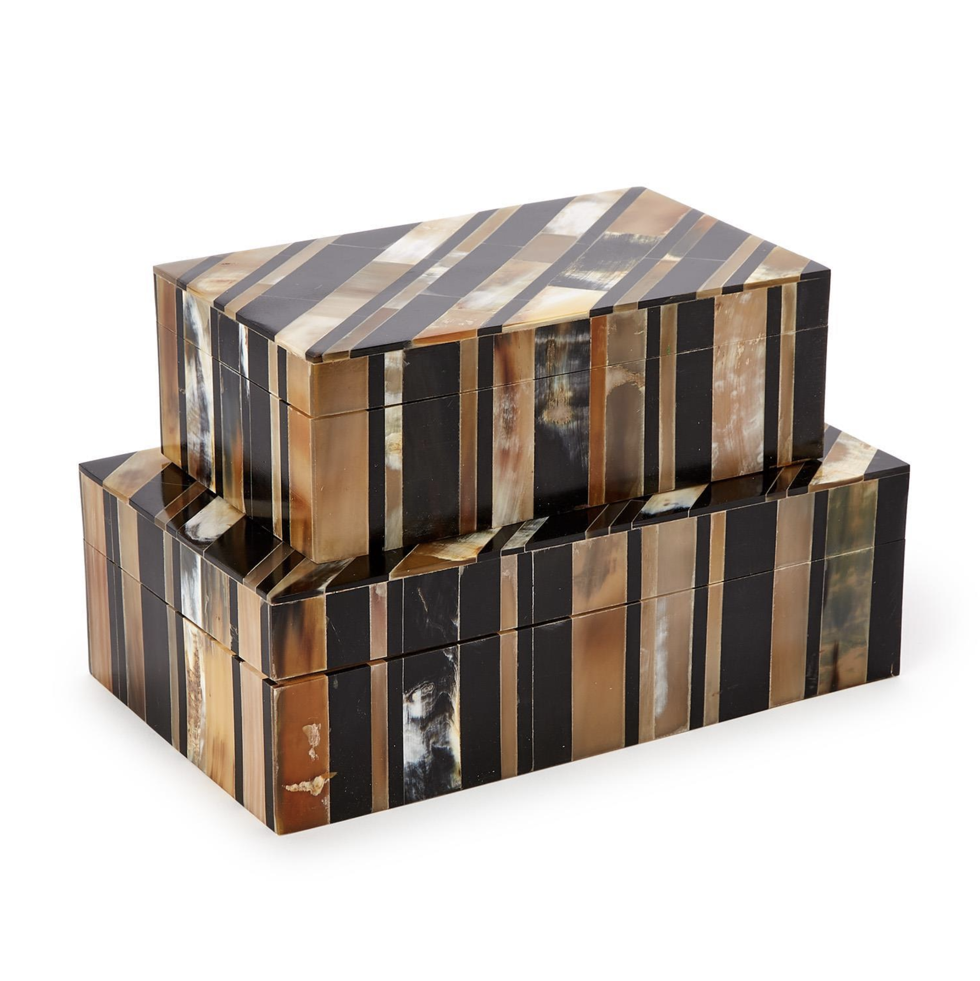 Two's Company EXW111 Horn Covered Boxes, featuring matching black, brown, beige, and cream stripes, are stacked for a stylish storage solution against a white background.