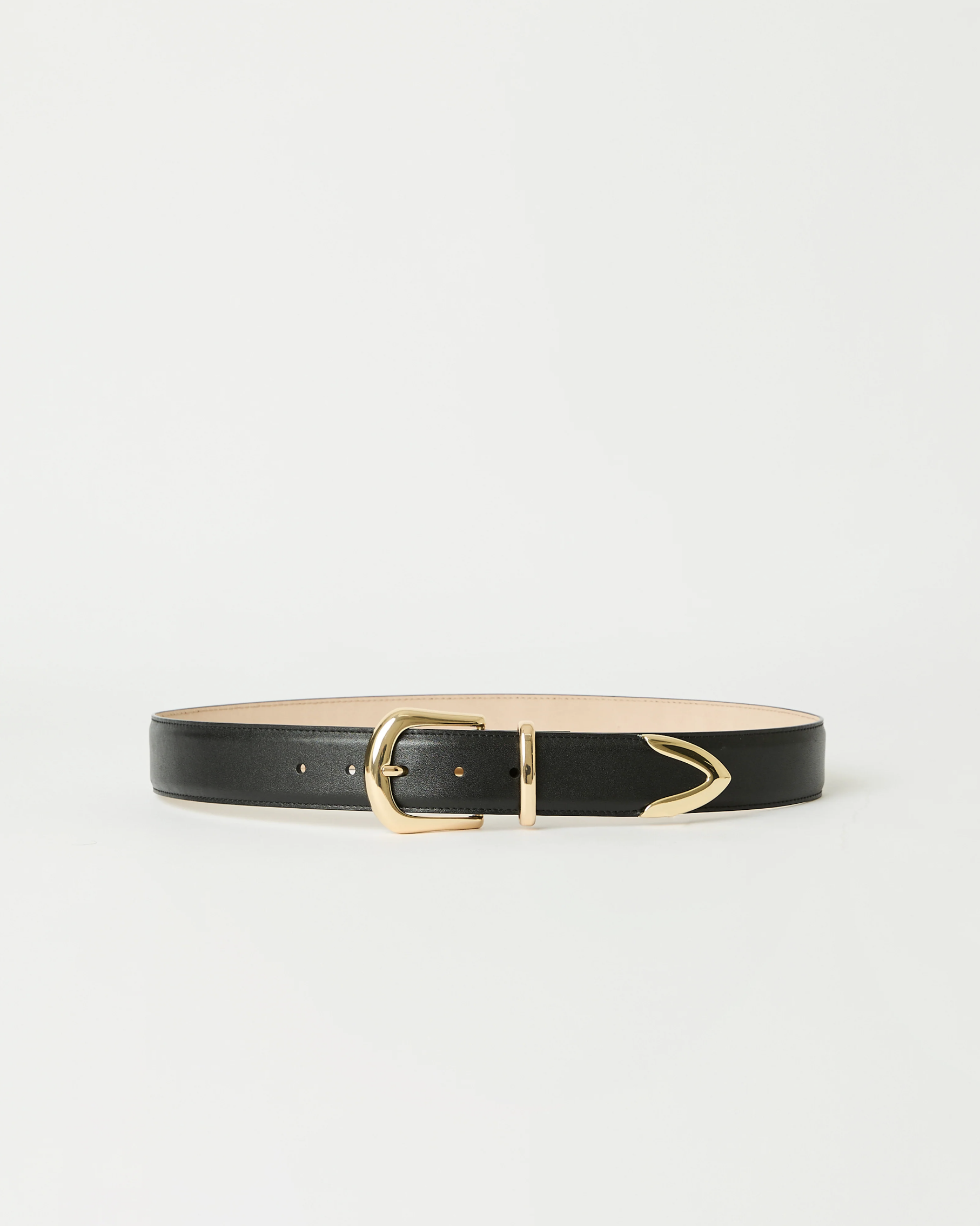 The Marc Belt by B-Low The Belt features black calfskin leather, a gold buckle with gold-tone hardware, and a pointed tip, shown against a plain white background.