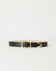 The Marc Belt by B-Low The Belt features black calfskin leather, a gold buckle with gold-tone hardware, and a pointed tip, shown against a plain white background.