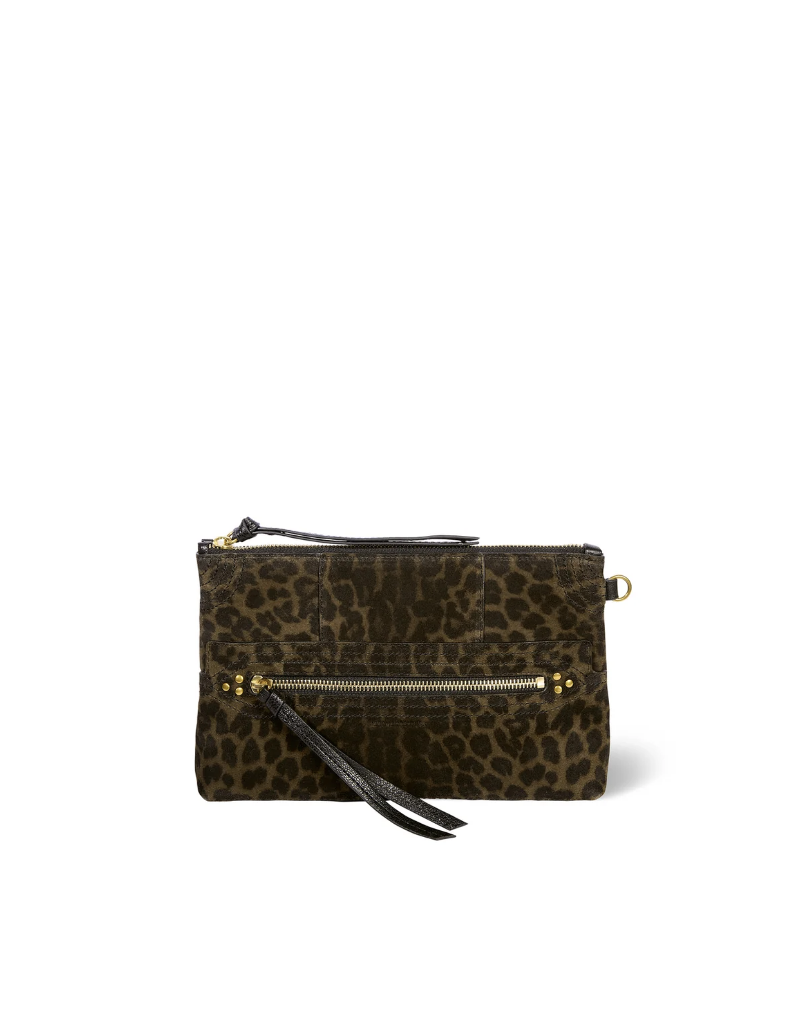 Brown leopard-print clutch with front zipper pocket by Jerome Dreyfuss, black leather pull, on white background.