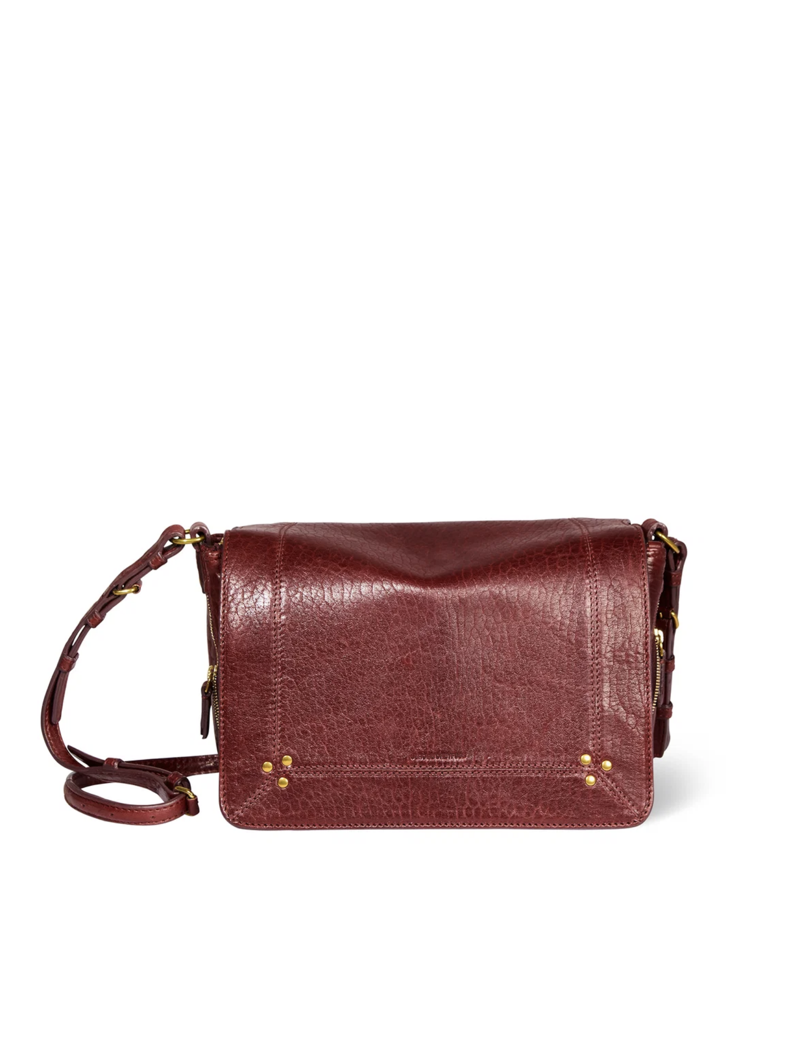 Burgundy lambskin bag with flap, gold studs, adjustable strap by Jerome Dreyfuss, Igor style.