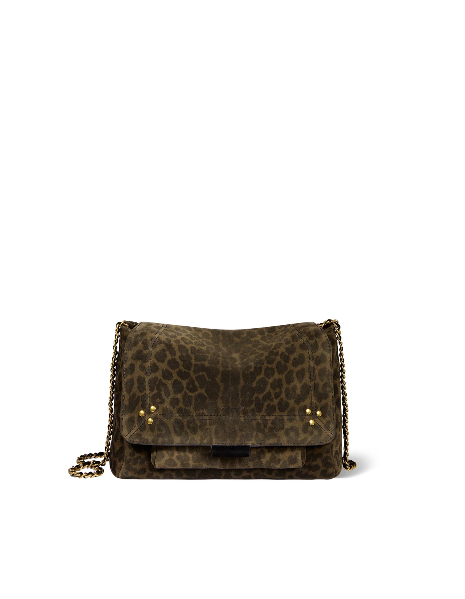 Leopard suede mini messenger with gold studs and chain by Jerome Dreyfuss, Lulu M Bag, adjustable leather strap.