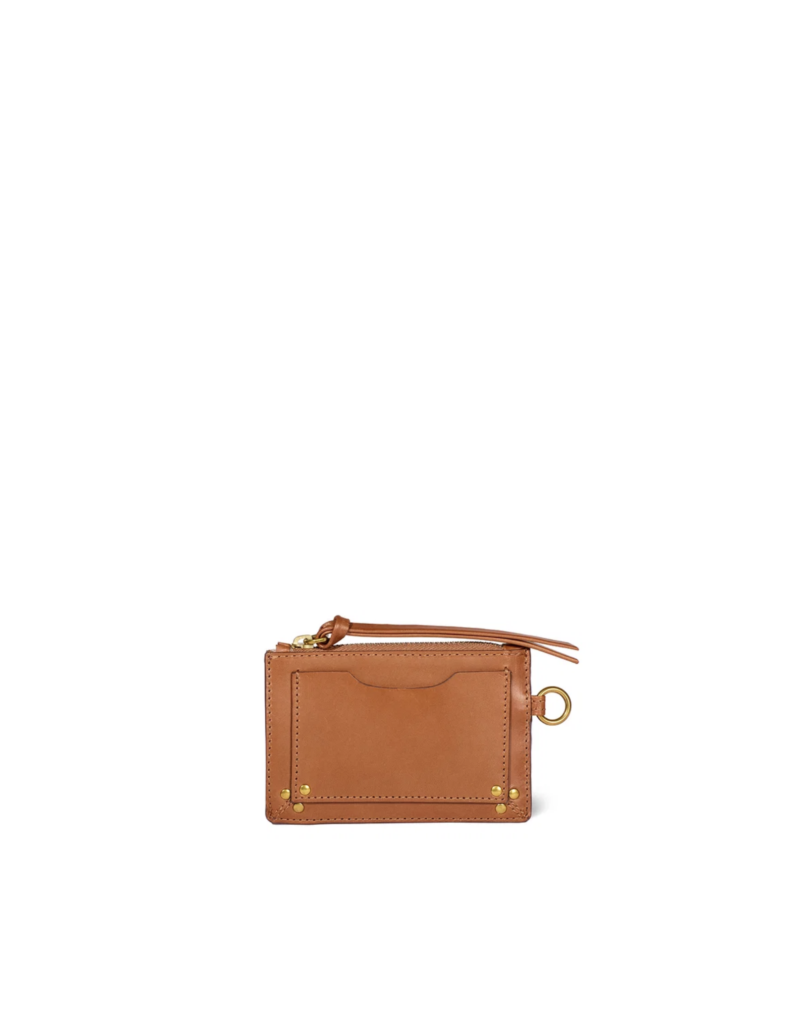 Brown leather card holder with zip pocket, ring, stitched edges, and 7 slots by Jerome Dreyfuss.