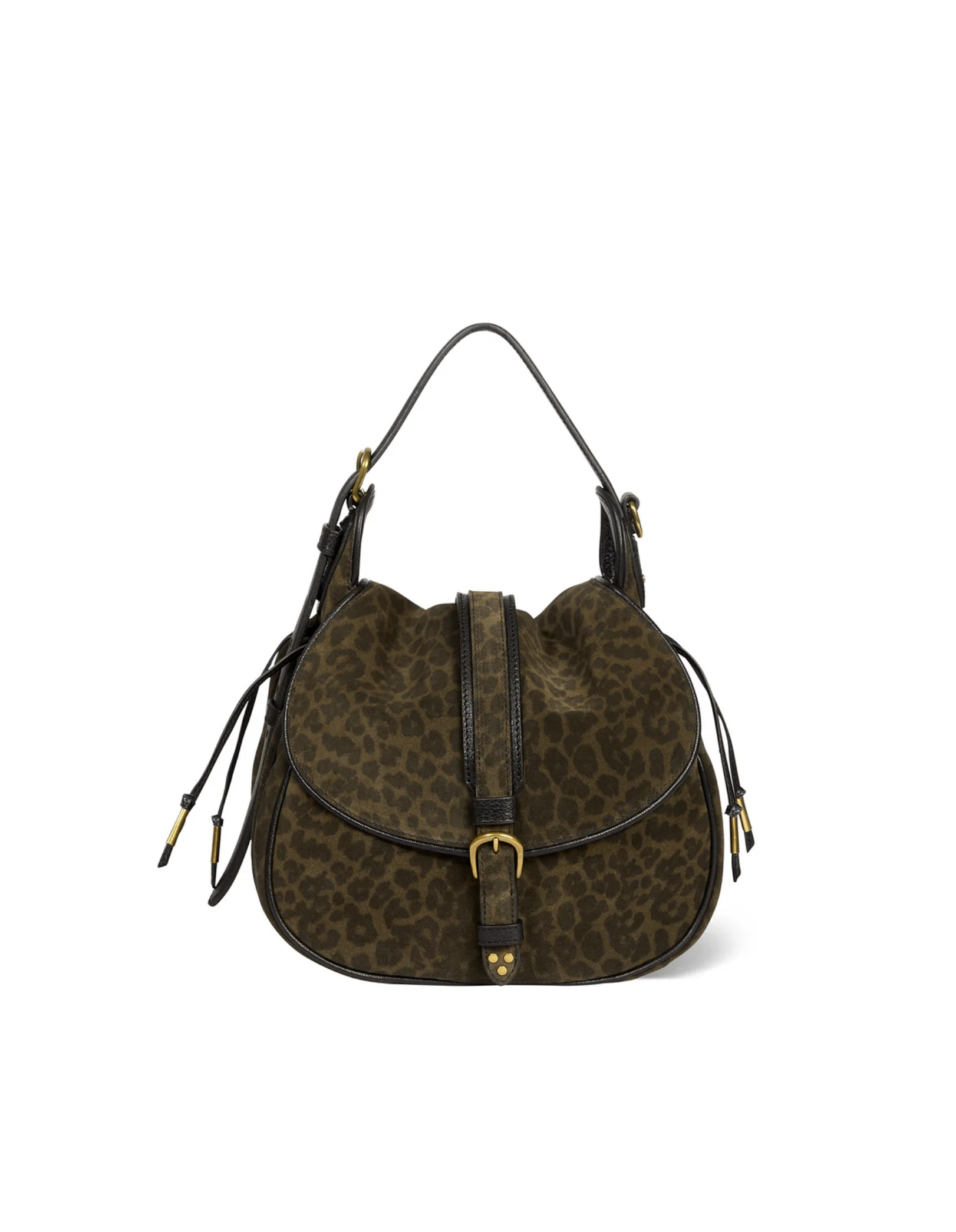 Brown leopard print Gildas Bag with black trim, gold buckle, and leather strap by Jerome Dreyfuss.