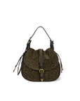 Brown leopard print Gildas Bag with black trim, gold buckle, and leather strap by Jerome Dreyfuss.