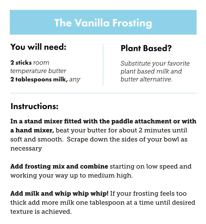 The Wild Rye Frosting recipe card features plant-based vanilla frosting with butter and milk substitutes, plus step-by-step directions for mixing, adjusting texture, and topping cakes or cake mixes.