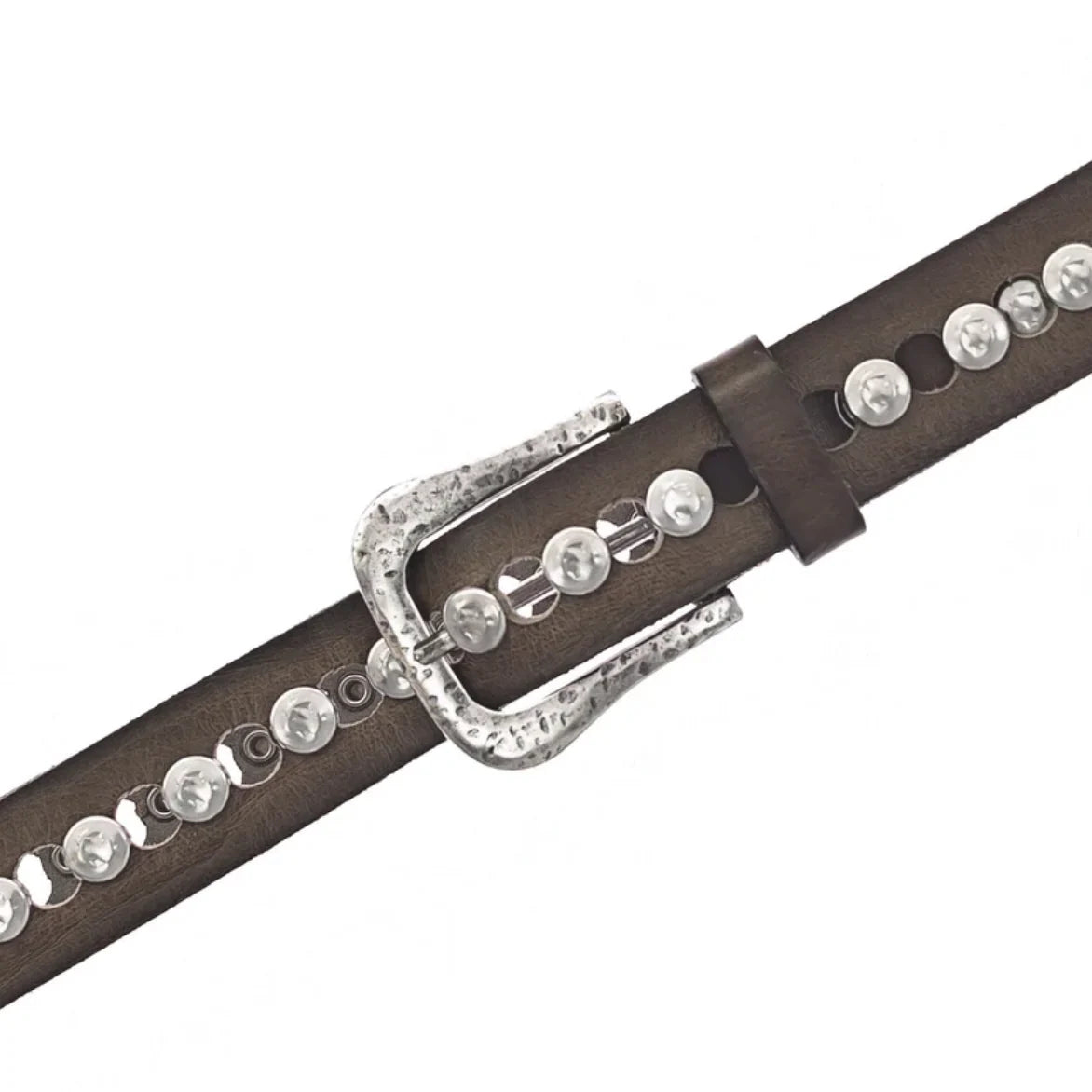 The Ravena Belt by ICO Sportswear Ltd. features a dark brown design with a row of round silver studs and a hammered silver buckle closure.