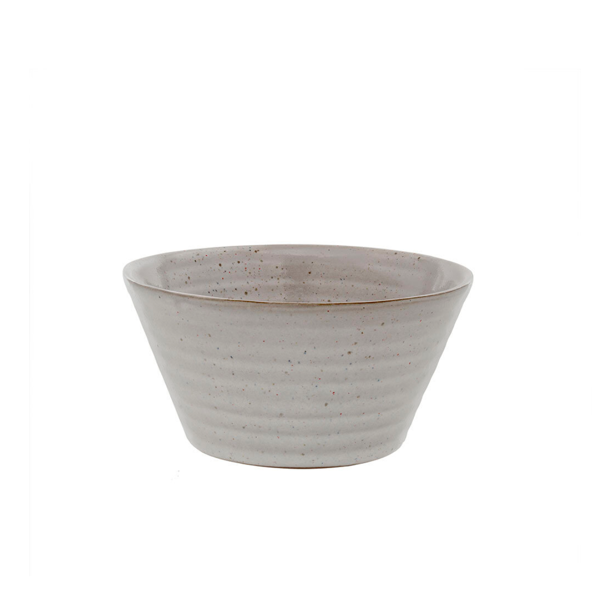 A simple, unadorned, grey ceramic Indaba Mason Bowl L with a slightly flared rim. The handcrafted bowl features a subtle speckled texture and is placed on a plain, white background. Its minimalist design suggests it could be used for various dining purposes.