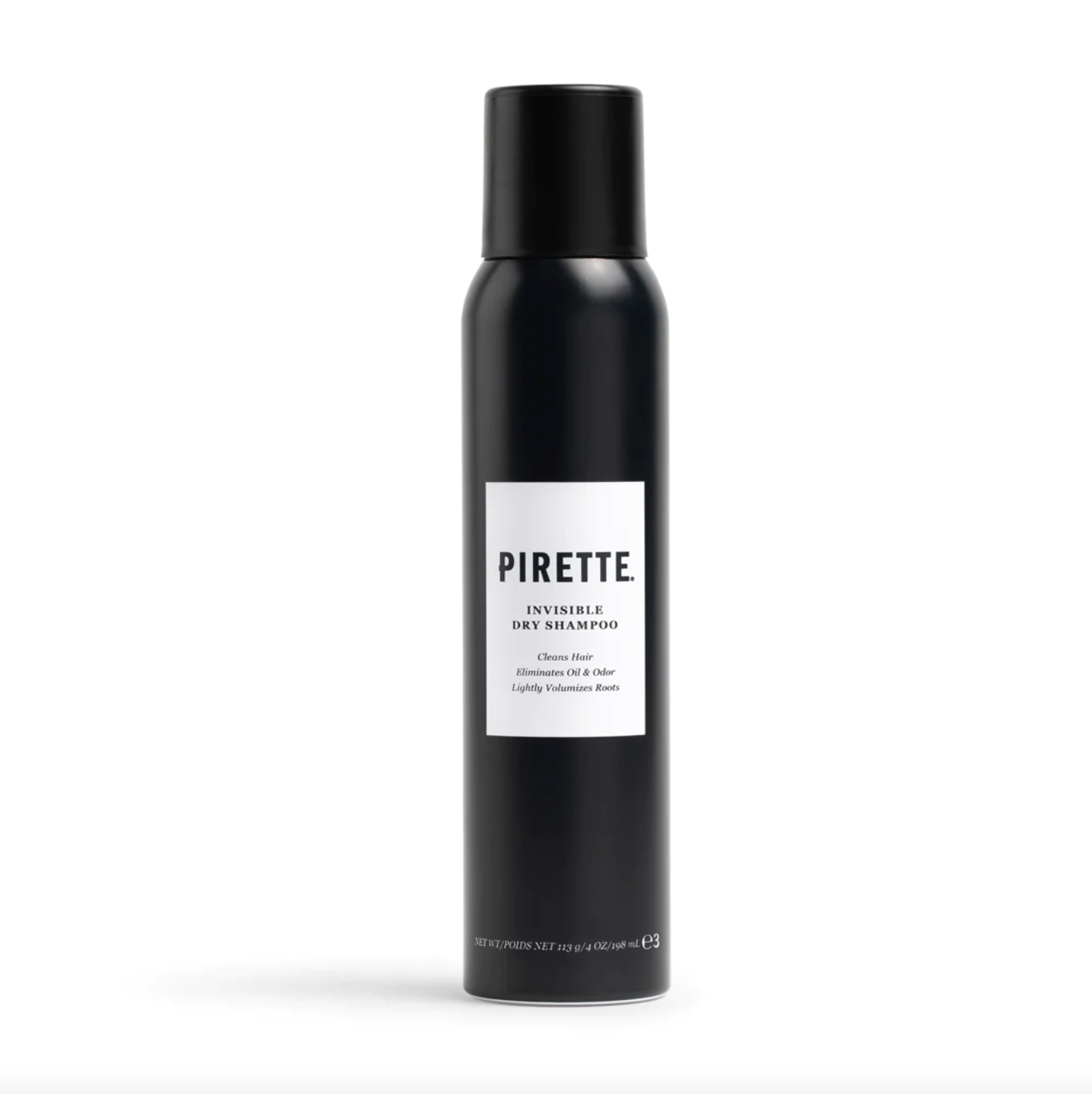 A black aerosol can with a white label that reads "Pirette. Pirette INVISIBLE DRY SHAMPOO. Clean Hair, Effortless All-day Style, Boosts Volume with Sunflower Seed Oil." The can has a matte finish and is sleek and cylindrical in shape.