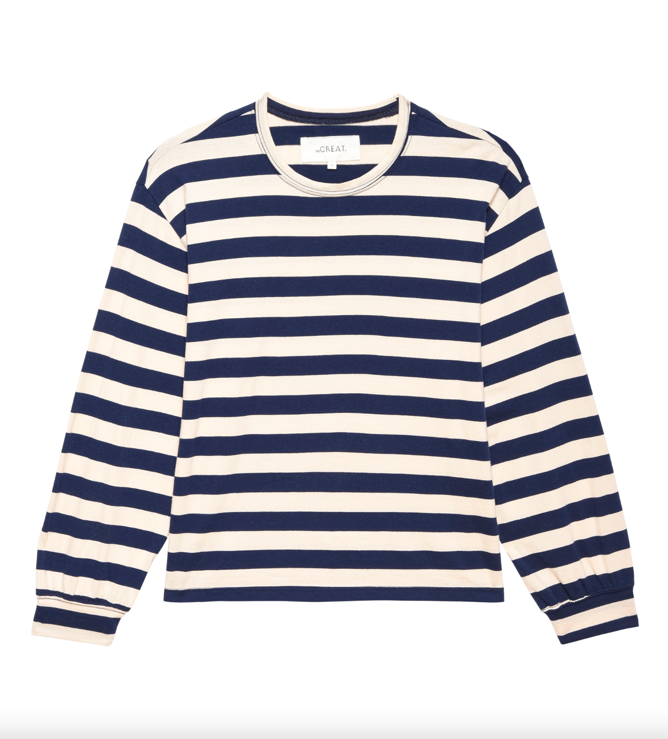 A long-sleeved shirt with horizontal navy blue and white stripes, reminiscent of a cozy bungalow in Scottsdale, Arizona. It has a round neckline with a white label inside at the back. The Great Inc.'s THE CAMPUS CREW NAVY AND CREAM SCHOLAR STRIPE fabric appears soft and comfortable, and the design is simple and classic.