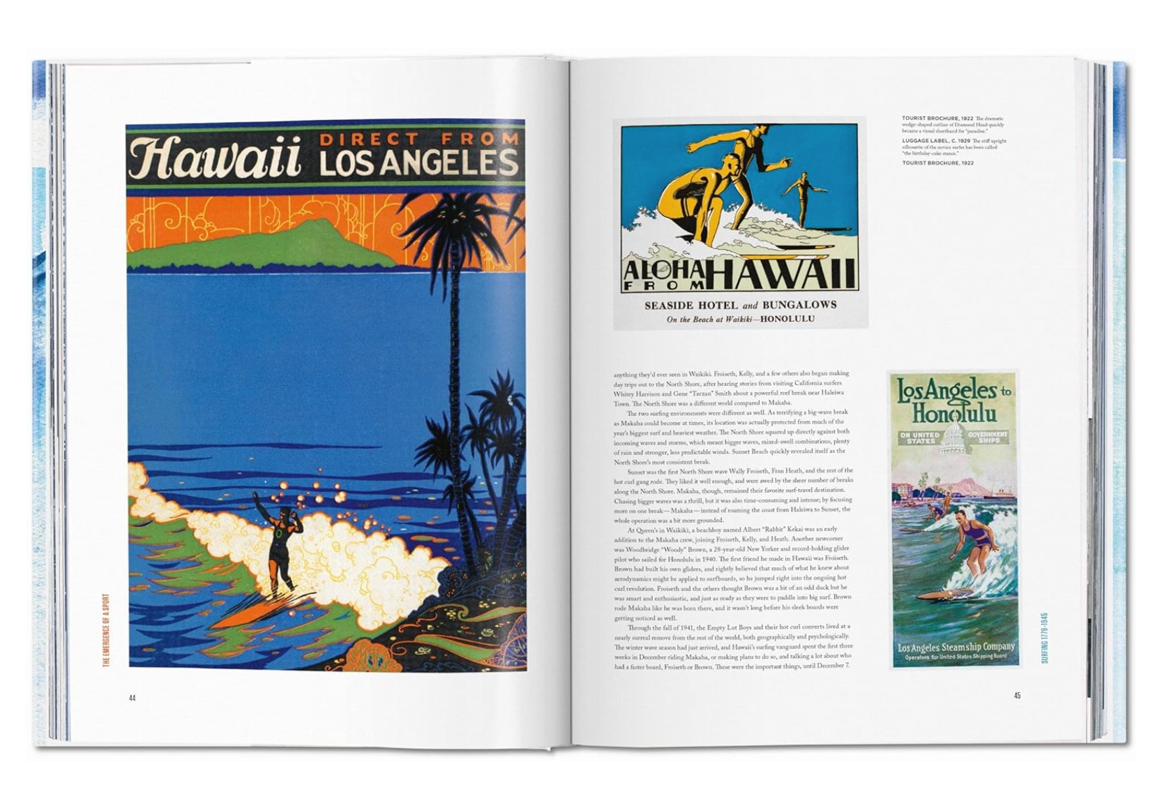 An open Breitling Book of Surfing displays a colorful vintage travel advertisement for flights from Los Angeles to Hawaii, featuring vibrant illustrations of seascapes, surfers, and bungalows.