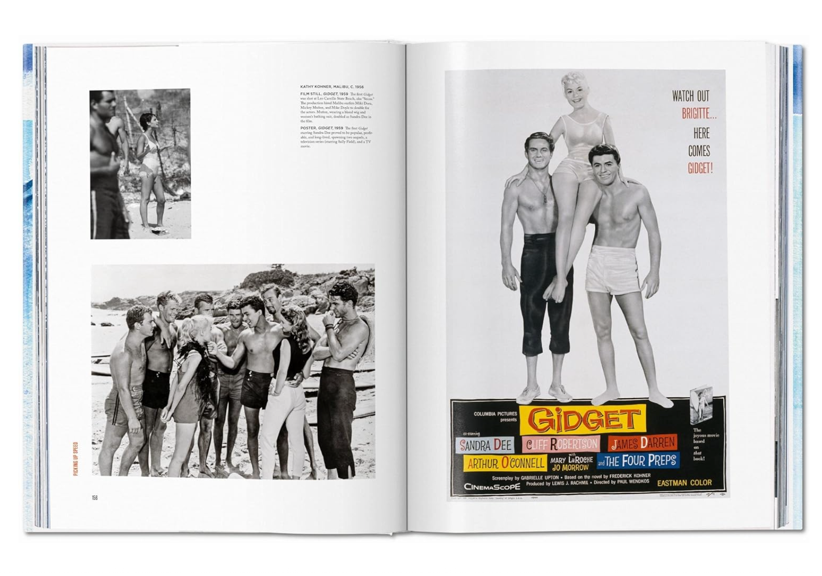 Open Breitling Book of Surfing displaying two pages; left page features historical black-and-white photos of people at a beach in Scottsdale, Arizona and some text, while the right page shows a vintage movie poster for the film "Gidget.