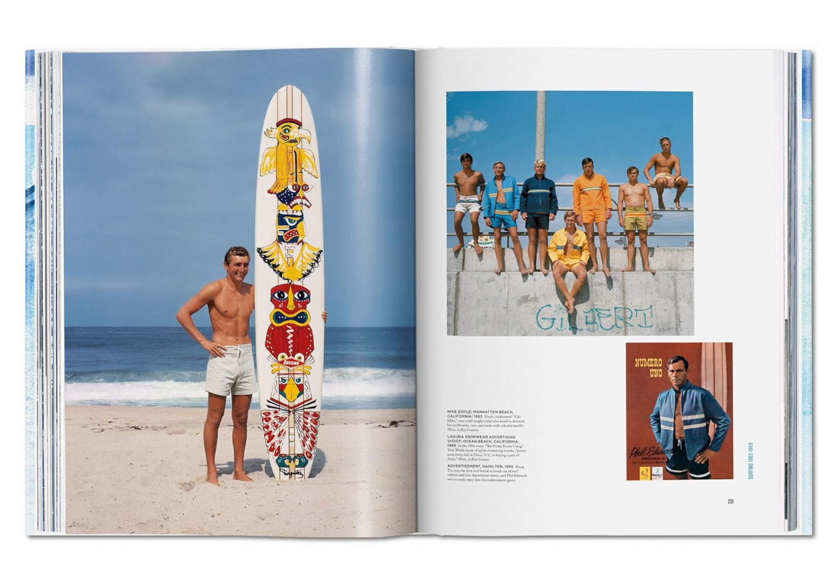 A magazine spread featuring a man posing next to two colorful surfboards on the left and a group of older men in swim trunks seated on a wall by the beach in Scottsdale, Arizona, on the right, showcasing the "Breitling Book of Surfing" published by Random House.