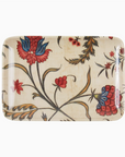 A Faire small tray with a vintage floral pattern featuring red and blue flowers, green leaves, and delicate vines on an off-white background, perfect for a Scottsdale Arizona bungalow.