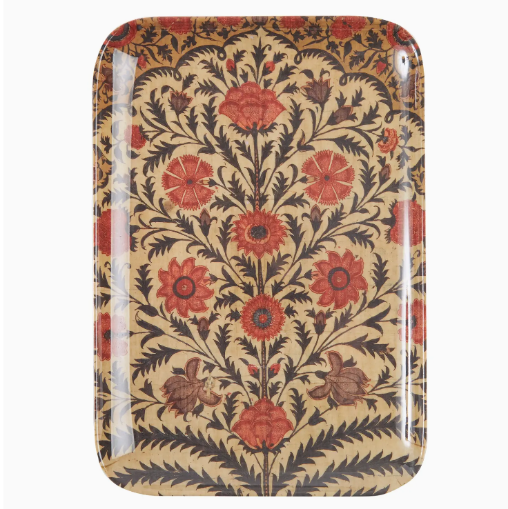 Faire&#39;s large tray with a floral pattern featuring red and gold flowers and dark leaves on a beige background, framed by a simple red border, perfect for a bungalow in Scottsdale, Arizona.