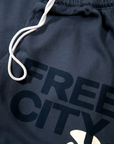 Close-up image of a pair of dark gray Free City (sparrow, LLC) FREECITY Large Sweatpant featuring a white drawstring and the text "FREE CITY" in bold black letters. A partially visible white graphic is positioned below the text, all crafted from lightweight French terry fabric.