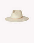 A Janessa Leone SHERMAN HAT, wide-brimmed fedora made of a textured material, featuring a light tan band above the brim. The hat boasts a pinched crown and a clean, timeless design with UPF 45+ protection, set against a plain white background.