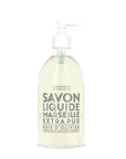 A clear pump bottle filled with Cie Luxe Brands Liquid Soap16.7oz. The label reads: “Savon Liquide Marseille Extra Pur - Bois d’Olivier,” showcasing its olive wood scent. Infused with vegetable oils, this Liquid Marseille Soap features a white pump dispenser on top.