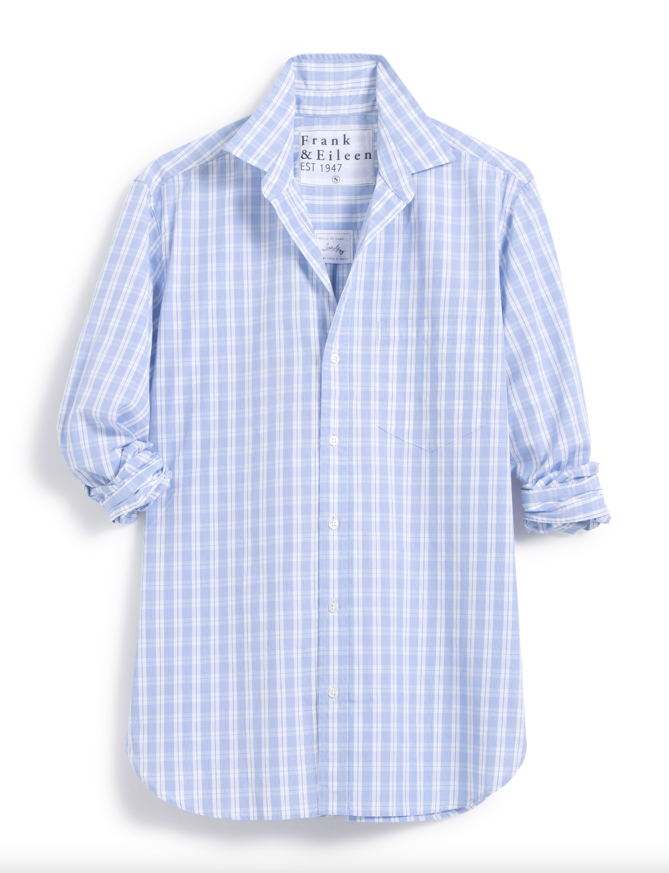 A light blue and white checkered button-down JOEDY Shirt with long sleeves rolled up to the elbows. The shirt has a collar and a chest pocket on the left side. The brand label inside the collar reads &quot;Frank &amp; Eileen EST 1947.