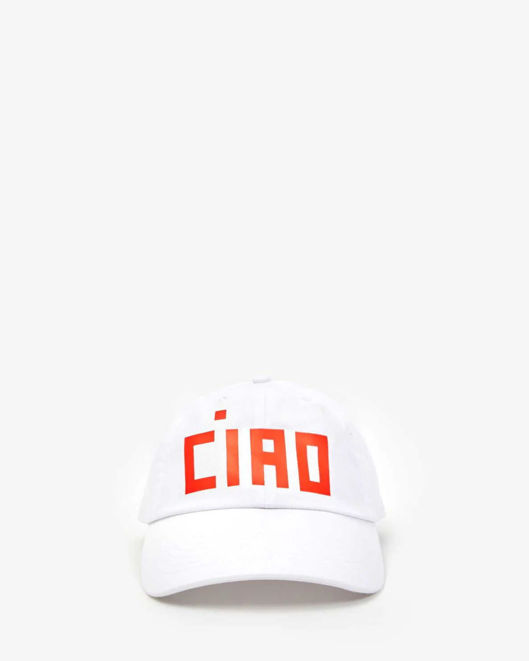 Clare Vivier's Baseball Hat S24 showcases "CIAO" in red embroidery on its front, set against a simple light gray background. An adjustable closure provides the perfect fit.