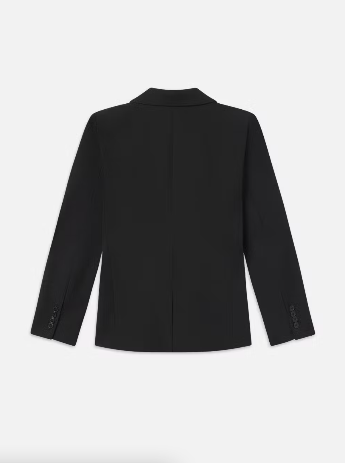 A black Grandfather Blazer by Frame La Brands is displayed on a white background, viewed from the back. The vintage-inspired blazer features a classic design with long sleeves and button details on the cuffs, tailored for women to enhance its timeless charm.