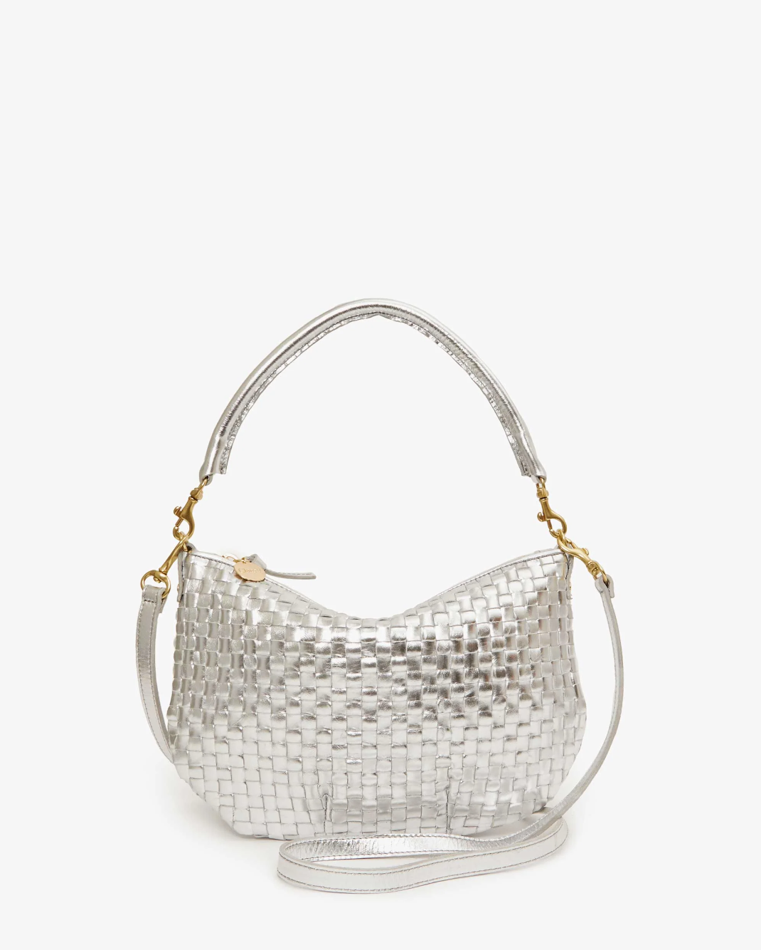 The Petite Moyen S24 by Clare Vivier showcases versatile style with its silver woven handbag design, featuring a short handle and crossbody straps. The metallic surface mimicking handwoven leather boasts a basket-like texture and is accentuated by gold-tone hardware, set against a plain white background.