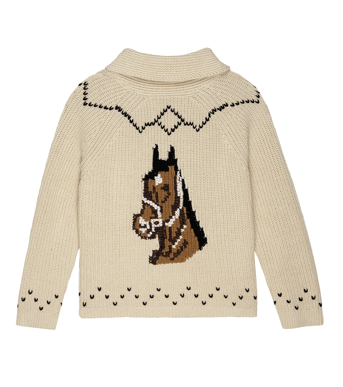 The Horse Lodge Cardigan by The Great Inc. is a beige knitted sweater featuring a detailed design of a horse's head on the back. The cardigan includes a shawl collar and decorative black trim accents on the shoulders and hem, with small black heart shapes near the hem and neckline, embodying rustic charm.