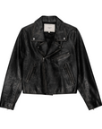 An elegant black "The Perfect Leather Jacket" by The Great Inc., featuring a front zipper, lapel collar, and multiple zippered pockets. The cow leather jacket is adorned with silver-toned hardware and antique silver snaps, and is showcased on a plain white background.