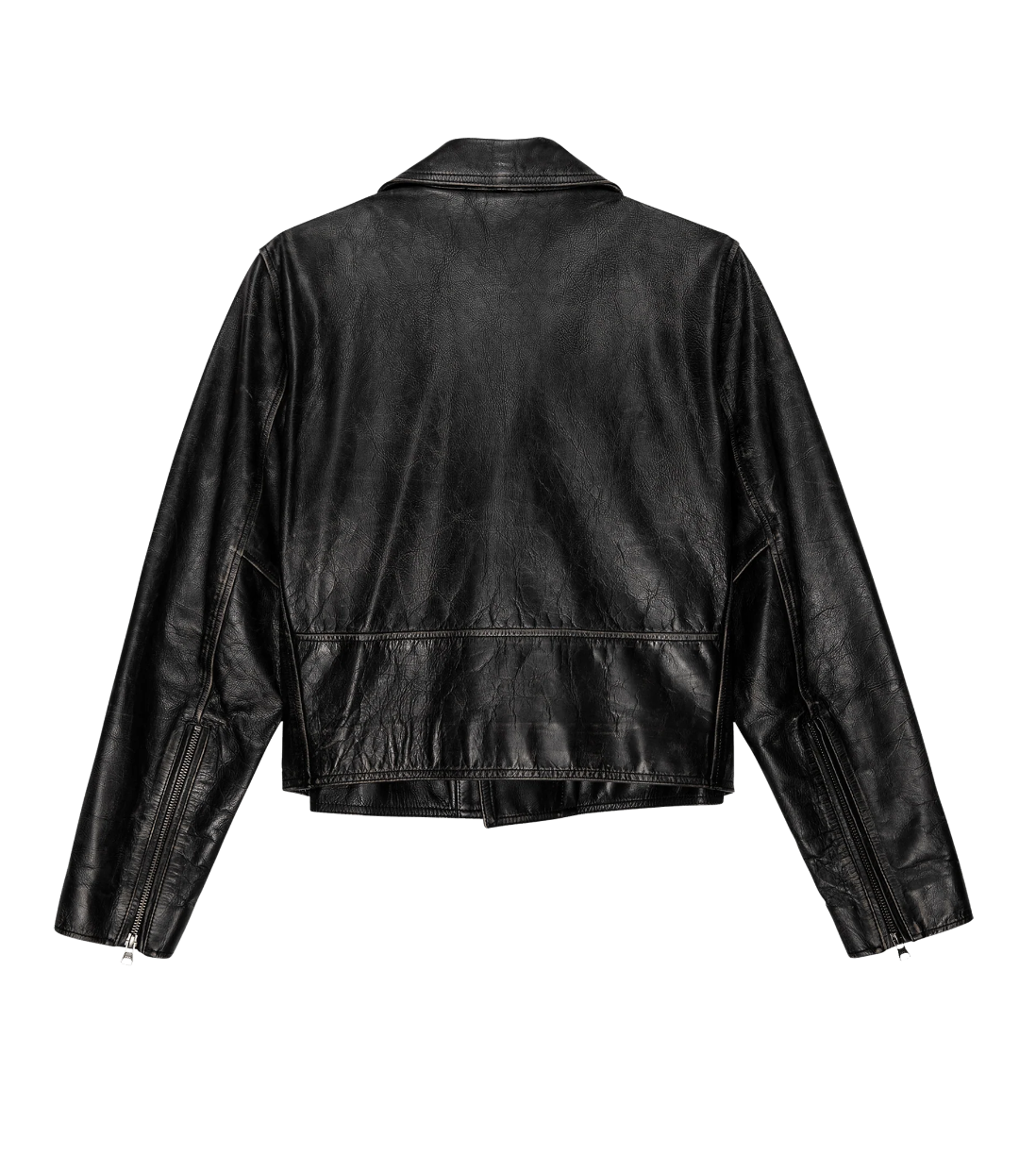 The Great Inc.&#39;s The Perfect Leather Jacket in black cow leather is captured from the back, showcasing its classic design that includes a collar, long sleeves with zippered cuffs, and a slightly cropped length. Adorned with antique silver snaps for added charm and featuring a slightly distressed texture, this jacket exudes the iconic Perfecto leather vintage feel.