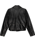 The Great Inc.'s The Perfect Leather Jacket in black cow leather is captured from the back, showcasing its classic design that includes a collar, long sleeves with zippered cuffs, and a slightly cropped length. Adorned with antique silver snaps for added charm and featuring a slightly distressed texture, this jacket exudes the iconic Perfecto leather vintage feel.