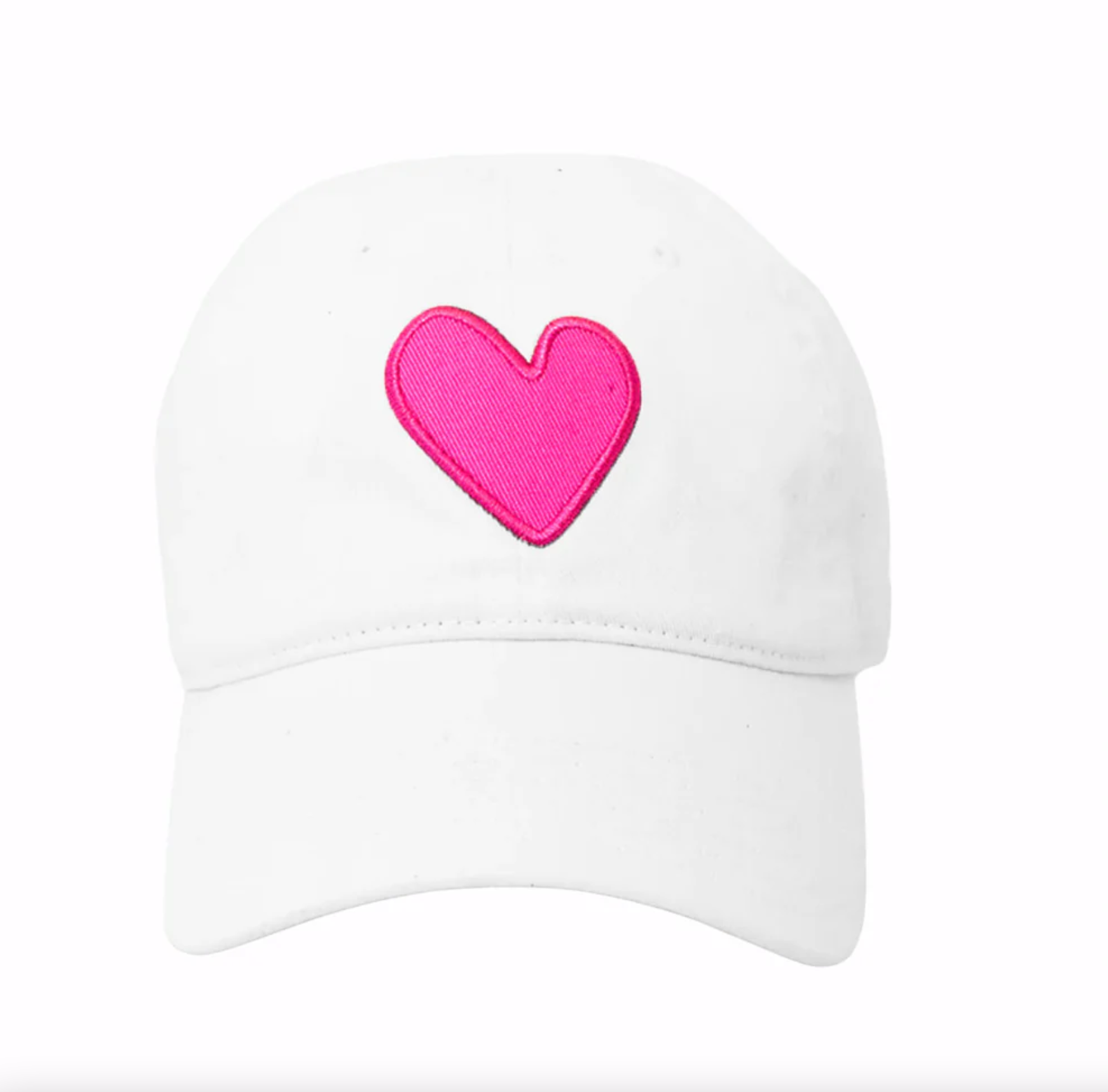 Introducing the Kerri Rosenthal Imperfect Heart Hat: a white baseball cap crafted from stone-washed cotton, boasting a relaxed fit and classic curved brim. Its standout feature is a large, vibrant pink Imperfect Heart patch embroidered prominently in the center.