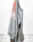 An LNLSUN SprYum Biggie Raglan sweatshirt from Free City (sparrow, LLC) hangs on a hanger against a plain white background. The back features pastel-colored graphic designs in shades of pink, orange, and yellow thanks to a custom supersaturated sunfade dye process. The brand logo "art commerce" is visible at the bottom.