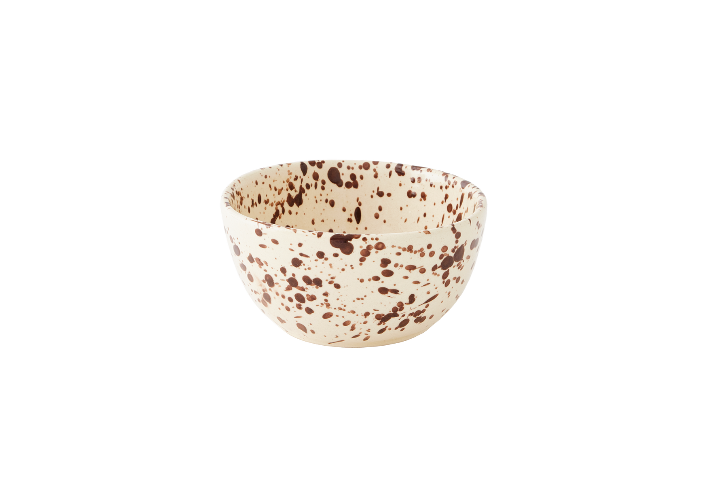 The Splatterware Bowl by Sir/Madam is a handmade ceramic creation featuring an abstract pattern of dark red-brown speckles scattered randomly across its smooth, rounded surface. Crafted in India, this bowl sports a white background and boasts a charmingly porous texture.